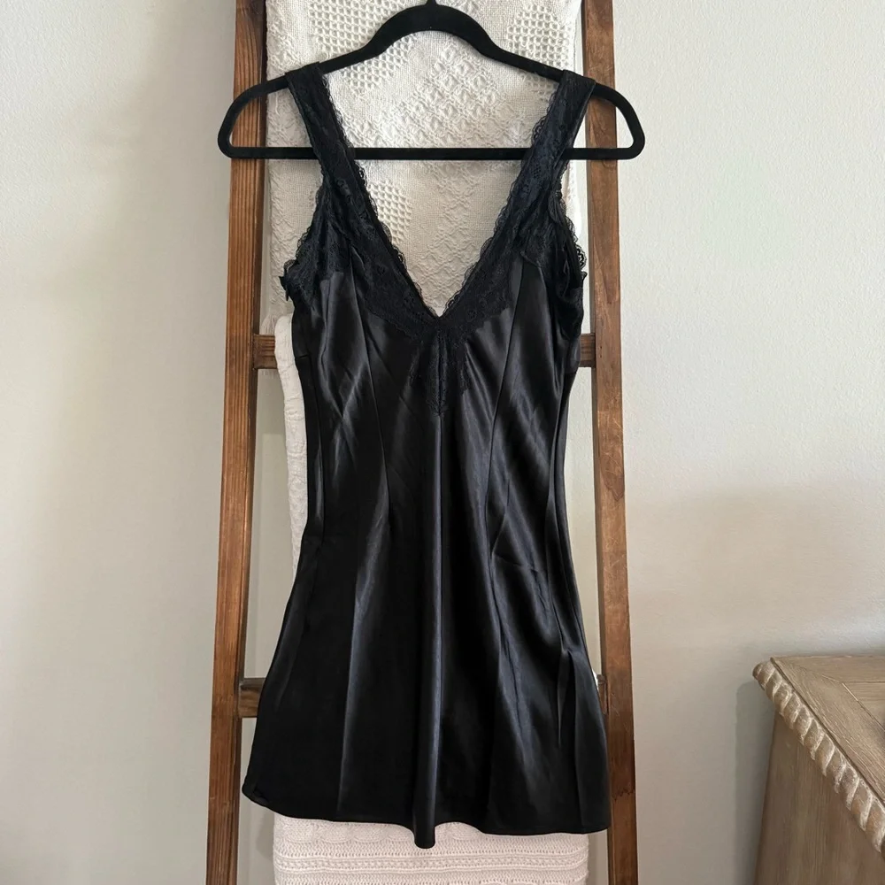 NWT Princess Polly Black Satin Lace Trim Walta Mini Dress - Picture 6 of 6